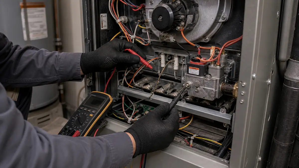 Technician diagnosing no heat on a Mitsubishi heat pump in Santa Clarita