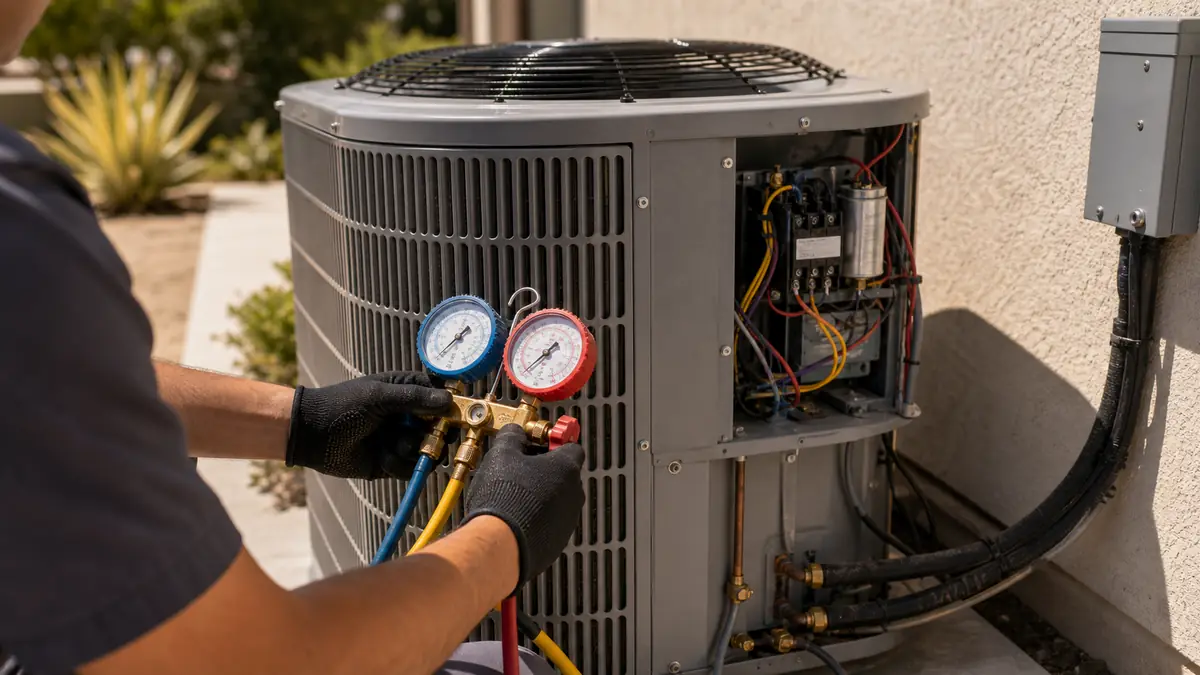Technician diagnosing a short-cycling Mitsubishi inverter in Santa Clarita