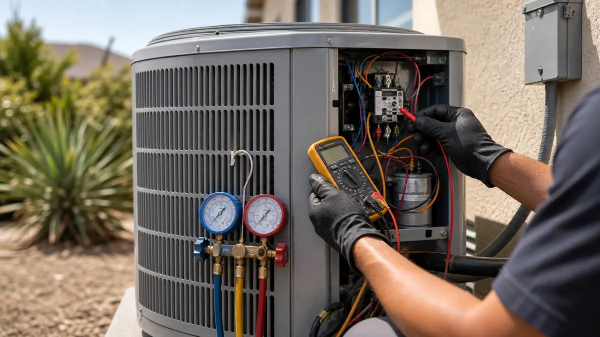 Technician diagnosing a Mitsubishi outdoor condenser for AC repair in Santa Clarita