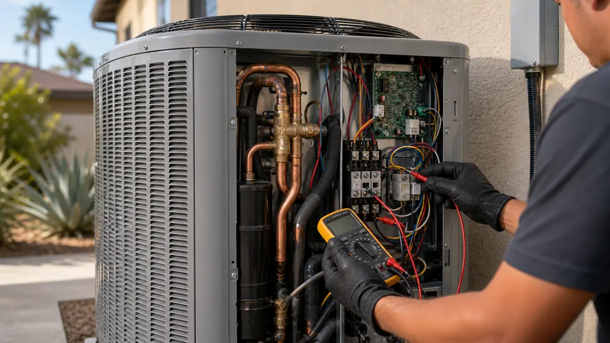 Technician diagnosing a Mitsubishi M-Series heat pump in Santa Clarita